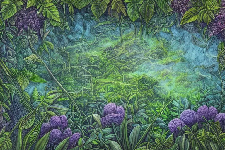 Rainforest, top view, flora and fauna in the light from a full moon, rocks, water, amazing night sky, glowing flowers, vines, large stars, island, ruin, fog, dawn, reflection, Jacek Yerka, Dominic Davison in sunshine smooth intricate high definition pencil sketch watercolor polished