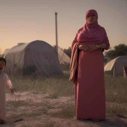 A Palestinian woman wearing the Palestinian dress carries her dead son as she screams and cries at night, with explosions in refugee tents behind her.