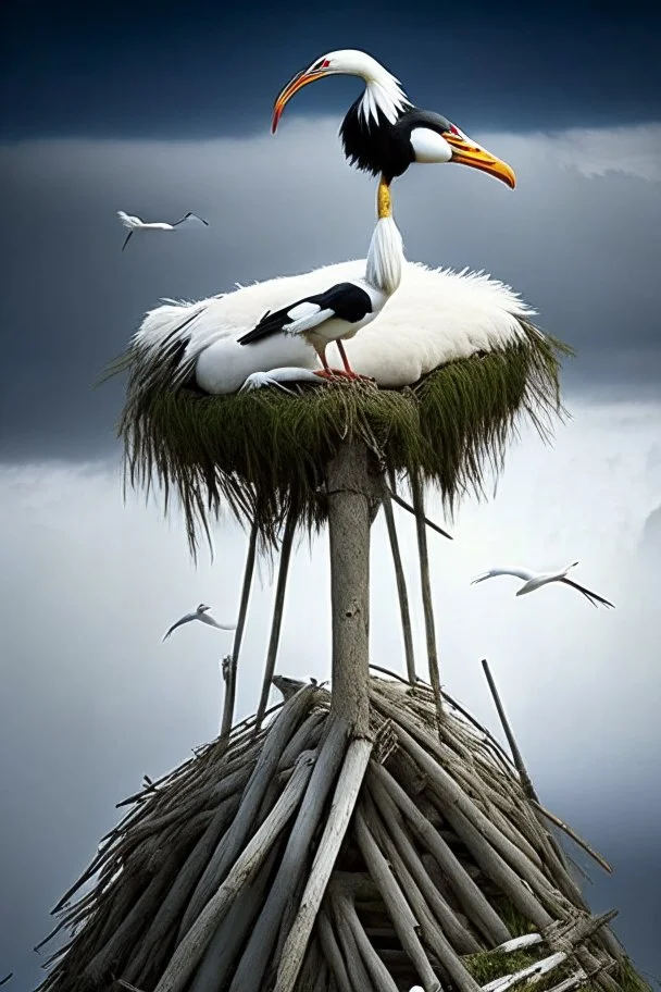 on top of the crucified Jesus is a huge stork's nest with storks