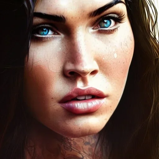 portrait of Actress Megan Fox, Tele Photo Lens, au naturel, hyper detailed, digital art, trending in art station, cinematic lighting, studio quality, smooth render, unreal engine 5 rendered, octane rendered, art style by klimt and nixeu and ian sprigger and wlop and krenz cushart.