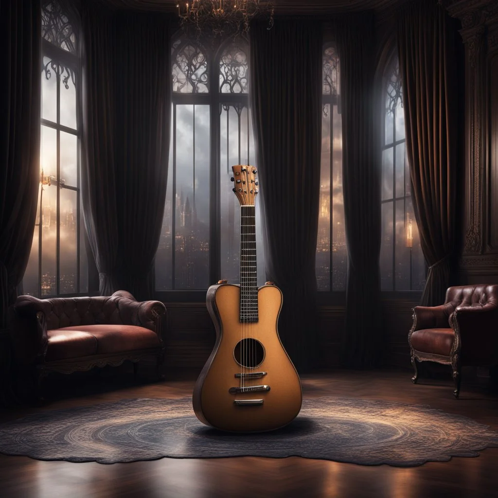 Hyper Realistic extremely-fancy-guitar standing on a floor of a fancy castle lounge with beautiful windows & velvet-curtains-with-musical-notes-printed-on-curtain at dark night with dramatic-&-cinematic-ambiance