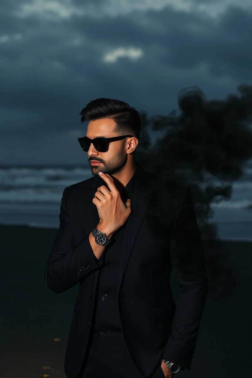 A stylish man walking alone on a dark beach at dusk, dressed in a black suit and sunglasses, with a confident yet introspective expression. His right hand touches his chin thoughtfully. The scene is cinematic and moody, with waves in the background under a cloudy sky. The right side of his body is dissolving into swirling black smoke and particles, blending into the dark atmosphere. Soft golden light subtly highlights his face and wristwatch, creating contrast with the dark tones. Ultra-realisti