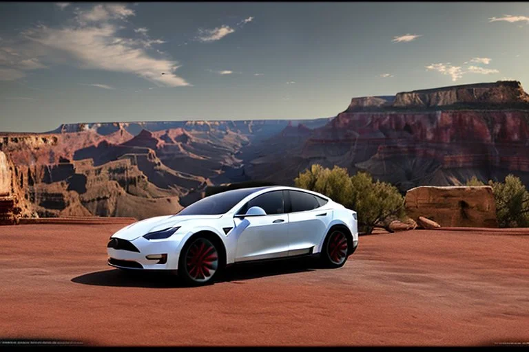 A Tesla 'Model S' is parked, in the 'Grand Canyon National Park'. (CINEMATIC, WIDE ANGLE LENS, PHOTO REAL)