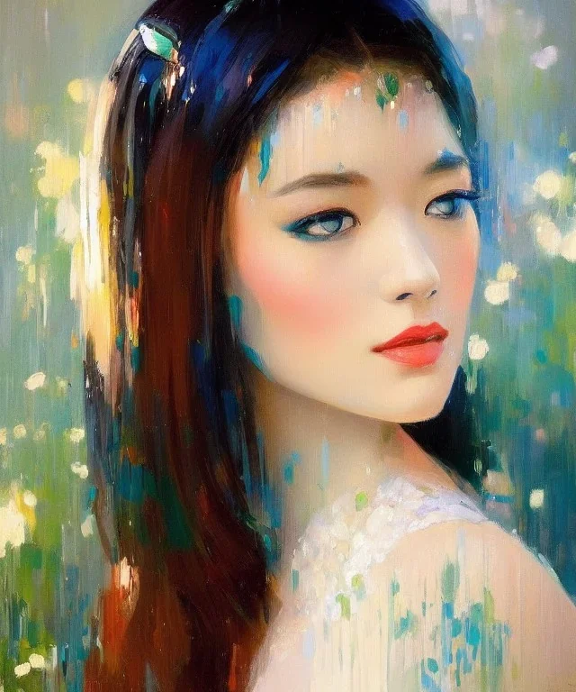 realist impressionist portrait of "The Curious Female" by Ross Tran rework. Masterpiece, best quality, painted impressionist brush strokes. paint drips and drabs and splatters by and by art nouveau and richard schmid . Paint spatters, drips, drabs, dynamic, artstation, artgerm