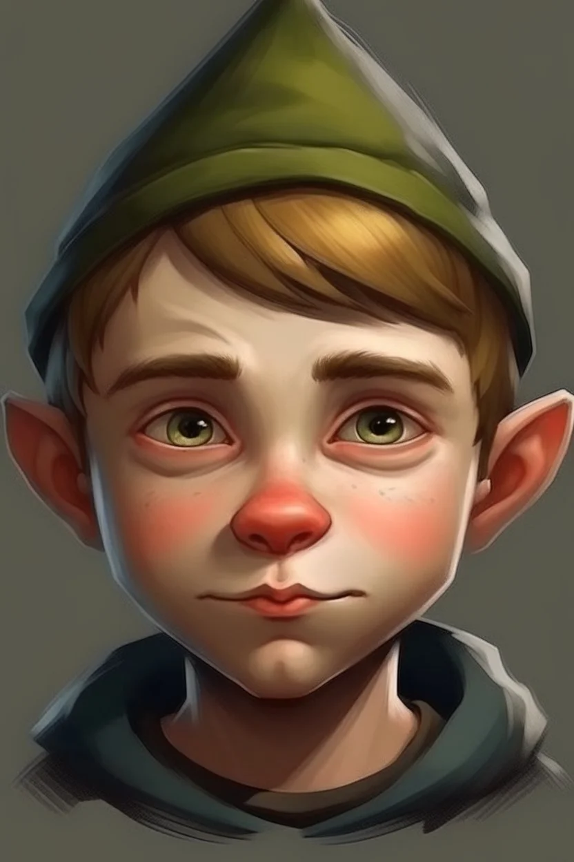 Portrait of a young male gnome with short hair, small and intelligent eyes, angular face, aquiline nose,