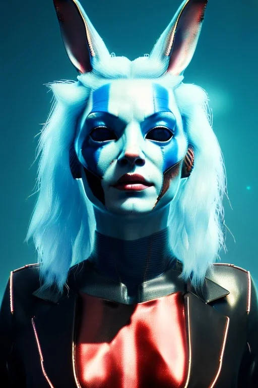 Medium Close Up Portrait, Front image. cyberpunk, rabbit mask, british woman, platinum hair. Latex suit army. white, red, color. Joker style. Color background, photo studio. Avatar image, highly detailed, concept art, smooth, unreal engine 5, ray tracing, RTX, lumen lighting, ultra detail, volumetric lighting, 3d, finely drawn, high definition, high resolution.