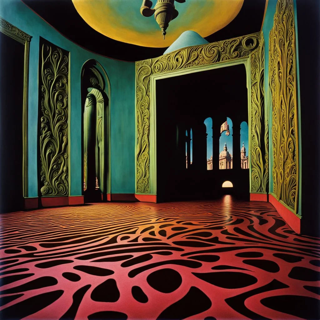 Strong texture, photorealism. Intricate patterns, organic ail, excitement, hypermaximalist. Surreal, eerily mysterious, pastel colors. De Chirico, volumetric light, Italian horror, Dario Argento. Movie shot, spooky horror. 1970's Italian movie. 33mm photography.