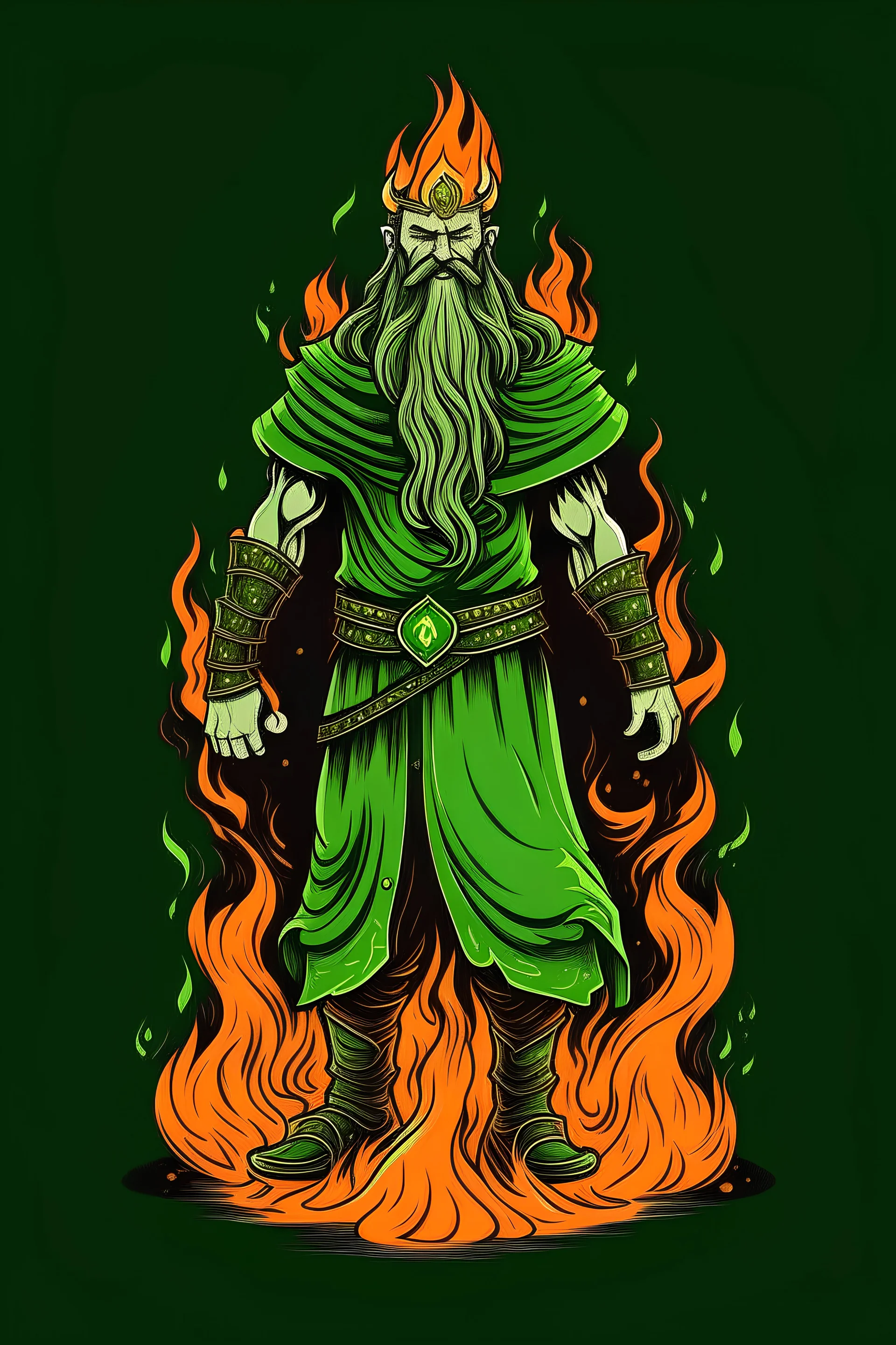 viking with braids standing green flame