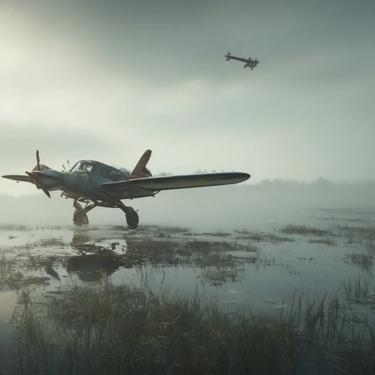 airplane abandoned in swamp, water, glass, fog, highly realistic, highly detailed, intricate