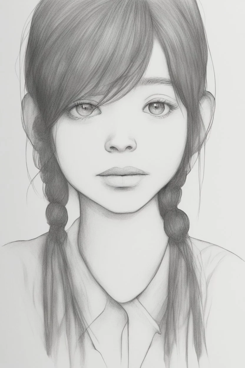 A drawing of a girl with calm features and long black hair that shows only her face. A black and white drawing. She wears a red hair tie around her neck. A pen drawing. The girl's eyes are almond-shaped, her nose is small and round, her lips are plump, her face is round.