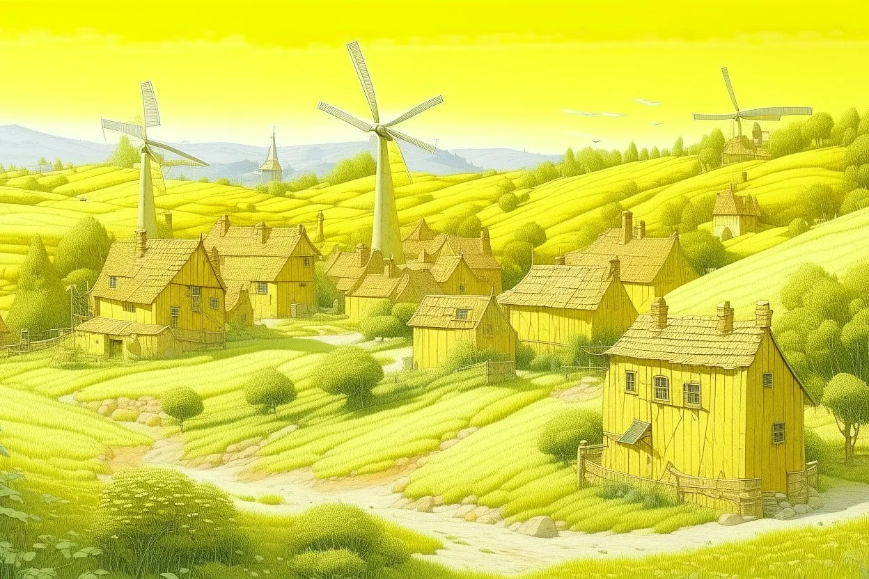 A light yellow village with windmills painted by Frank Wilson
