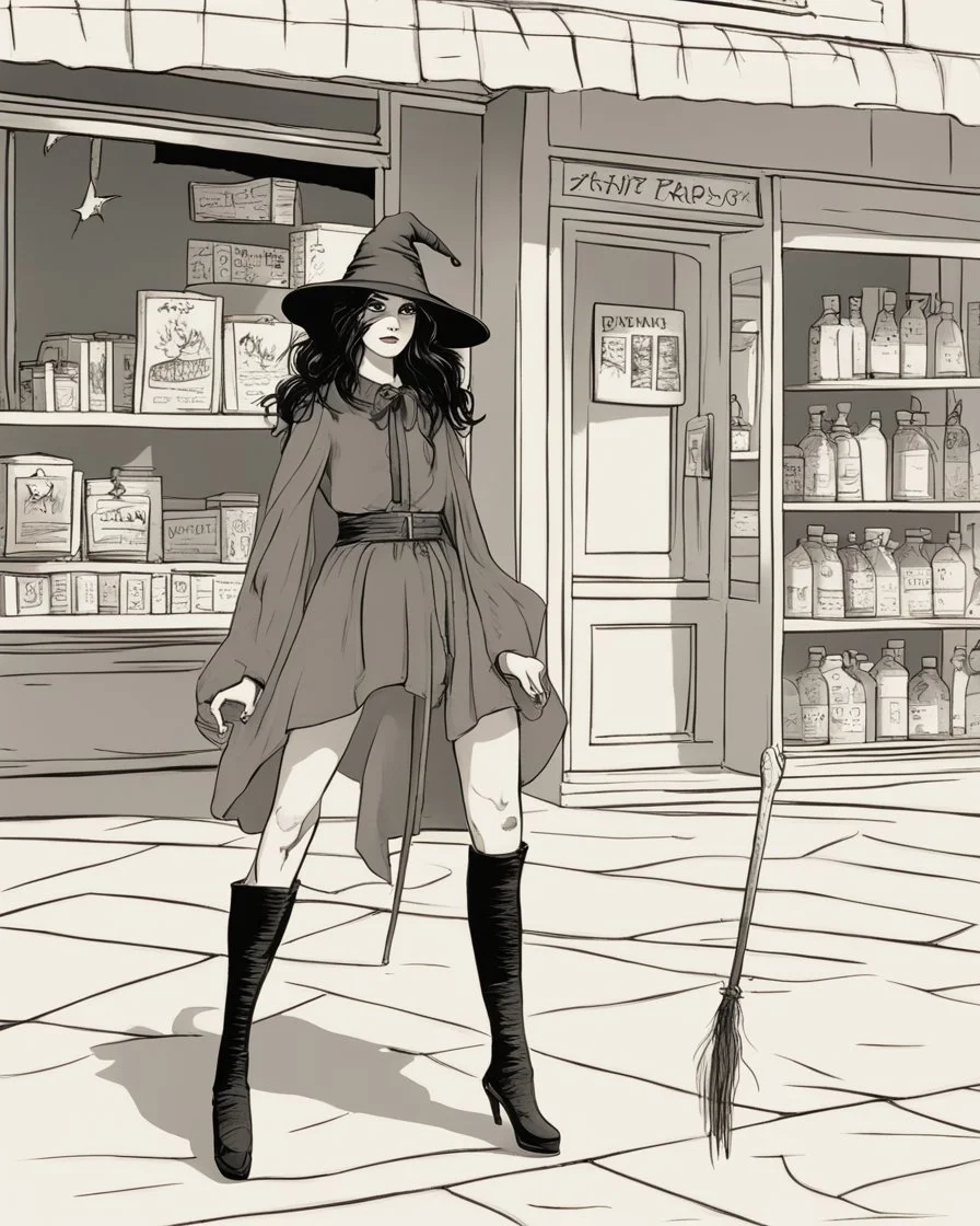 full-length, young woman dressed like a modern-day witch, with dark hair, outside a shop