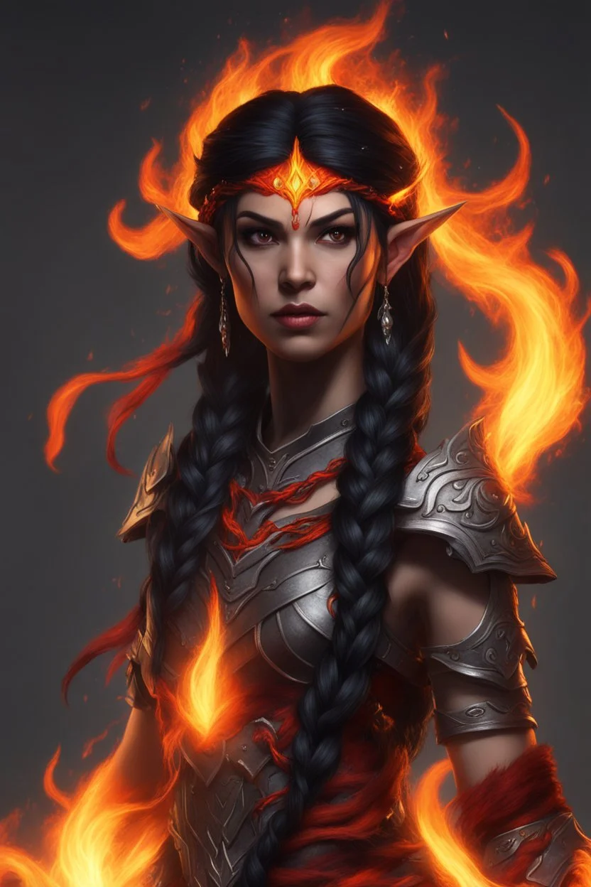 Visualize a fierce eladrin druid with blazing jet-black hair, each strand seemingly on fire, conjuring flames with her hands. Her eyes, a bright red that shines with a fiery intensity, add to the dramatic display of elemental power. The flames dance within the intricate half-braided, cascading hair, creating an entrancing spectacle. Clad in minimalistic armor, she channels magic and fire, a notable scar on her face revealing battles fought.