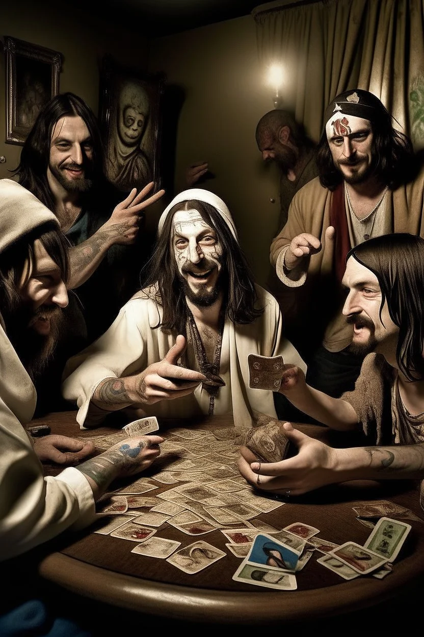 Jesus, Elvis, Jordan and some friends smoking and playing cards, davinci. Surreal. Agony face, smile, pain scream. Fish eye lense camera. Perfect composition.