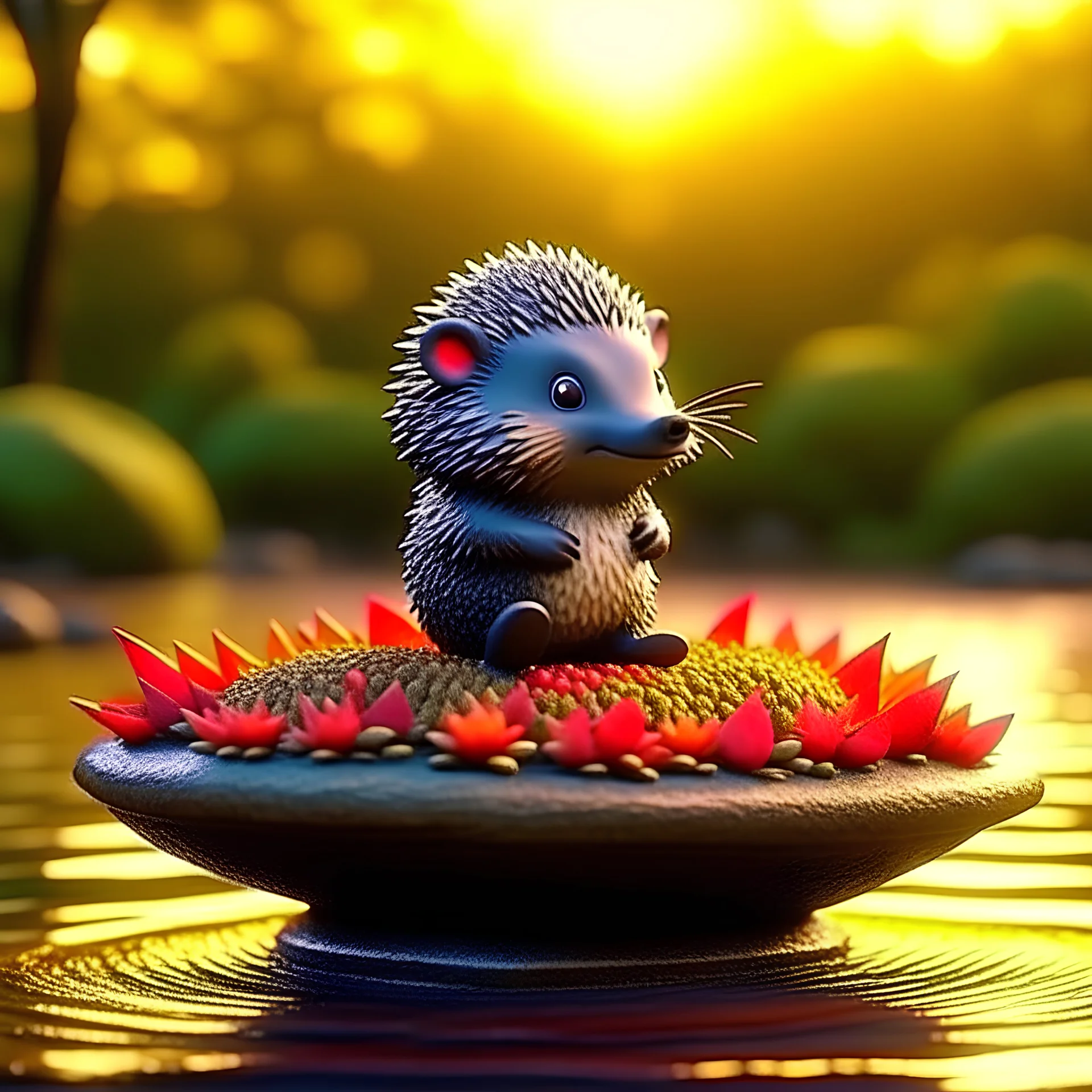 cute blessed freedom statue hedgehog jumping in a rubber boat in the river,catching a big fish in a river stream, 8k, downlight, soft light, depth of field, photorealism, trending on art station, lotsa detail