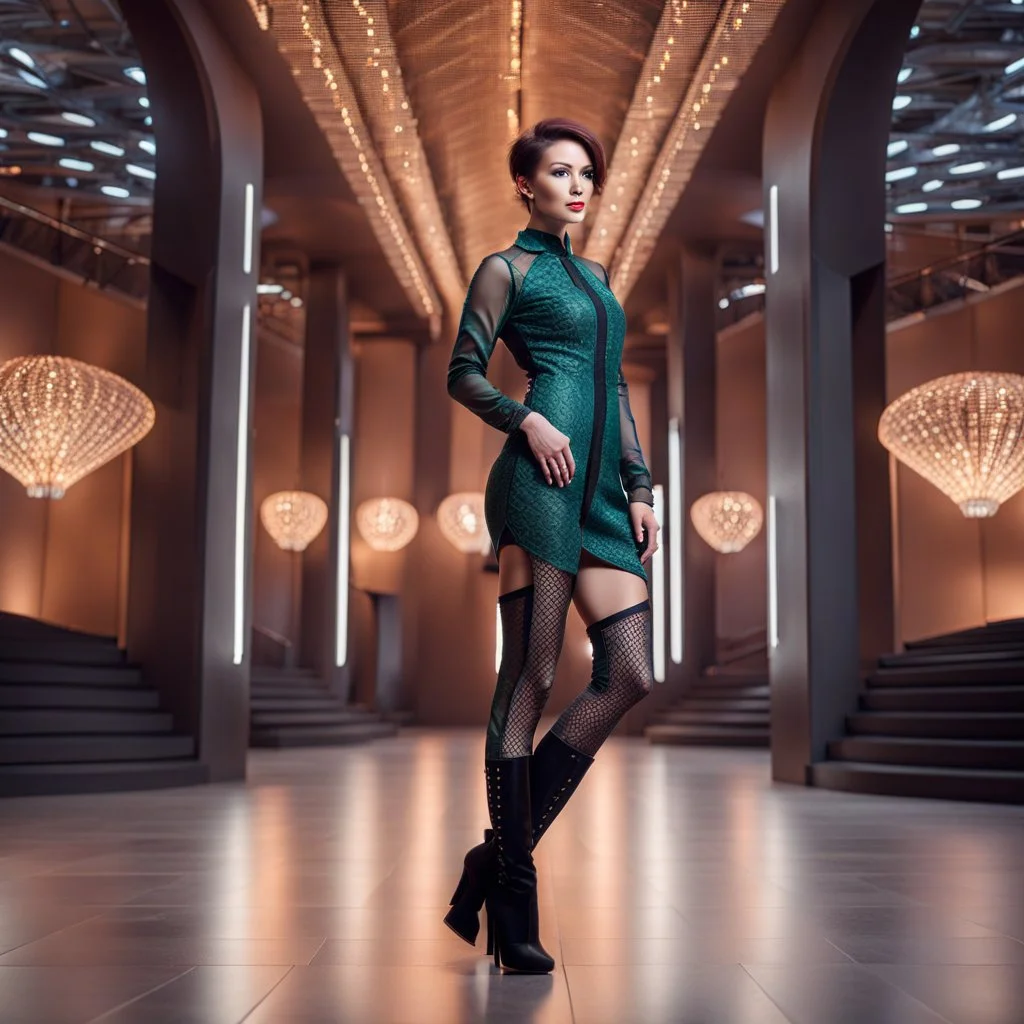 A full-body shot of a beautiful lady wearing beautifull tight pants and pretty color short dress with short boots ,short hair,idle pose in recursive 3d fractal hall