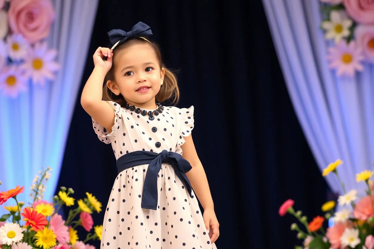 3 years old girl with fashion modern clothing in stage with flowers