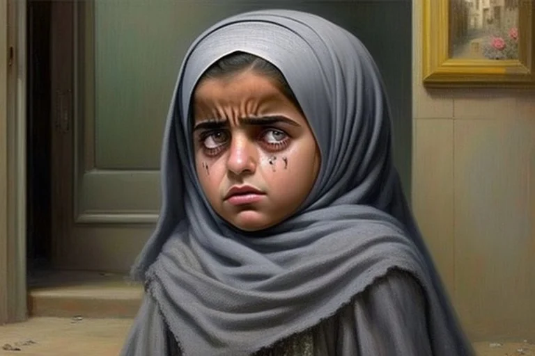 Grey sky, crying little palestinian girl wearing kuffeah , rocks, destroyed buildings , emotional influence, friedrich eckenfelder and willem maris impressionism paintings