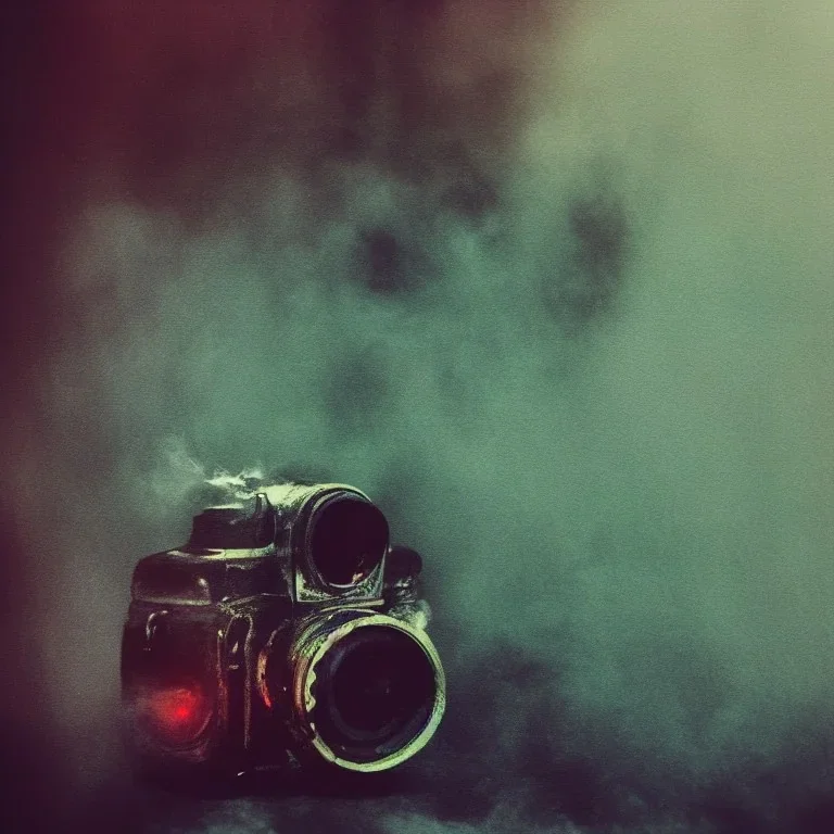 photographic camera mixed with skull in abstract style. fog and smoke in atmosphere. bokeh, lens flare. Dark mood. Dripping paint. oil on canvas, high detailed.