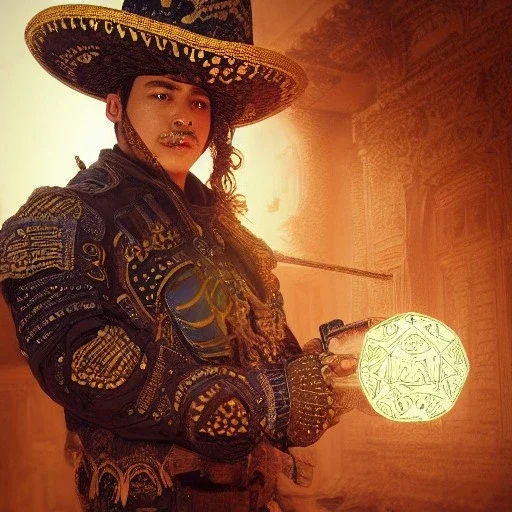 Insanely detailed photograph of an “male mariachi warrior holding glowing D20” with intricate detailed Sombrero, intricate charo, hyperdetailed painting by Ismail Inceoglu Huang Guangjian and Dan Witz CGSociety ZBrush Central fantasy art album cover art,8K, hdr, mysterious, flickeringlights ,Stoic