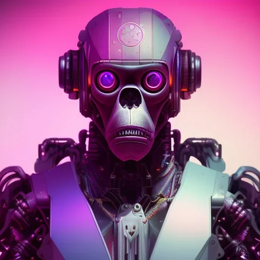 A beautiful portrait of a cyborg monkey purple neon color scheme, high key lighting, volumetric light high details psychedelic background