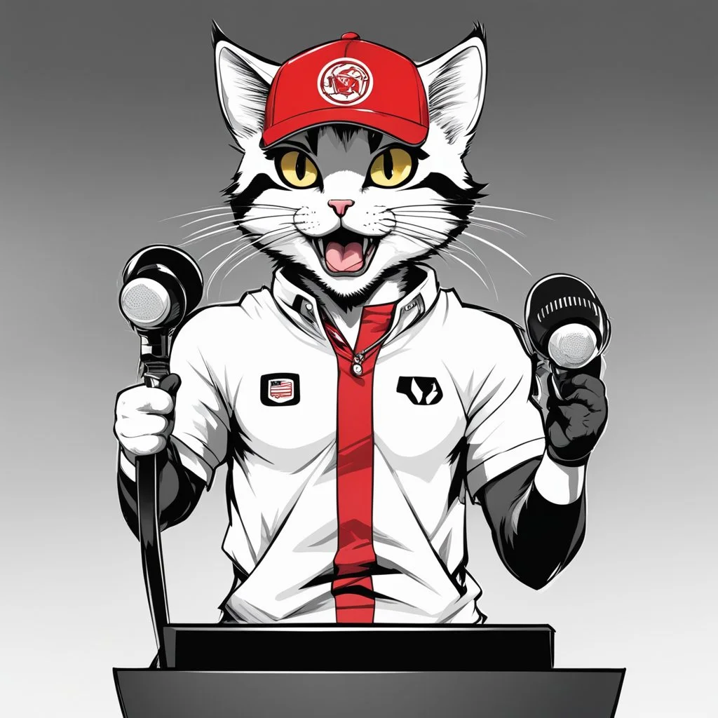 a drawing of a manga cat man with a sports cap and shirt, speaking at a (((lectern))) with a microphone, red, white and black colors, cat white and black colors, microphone in one hand, cat asking