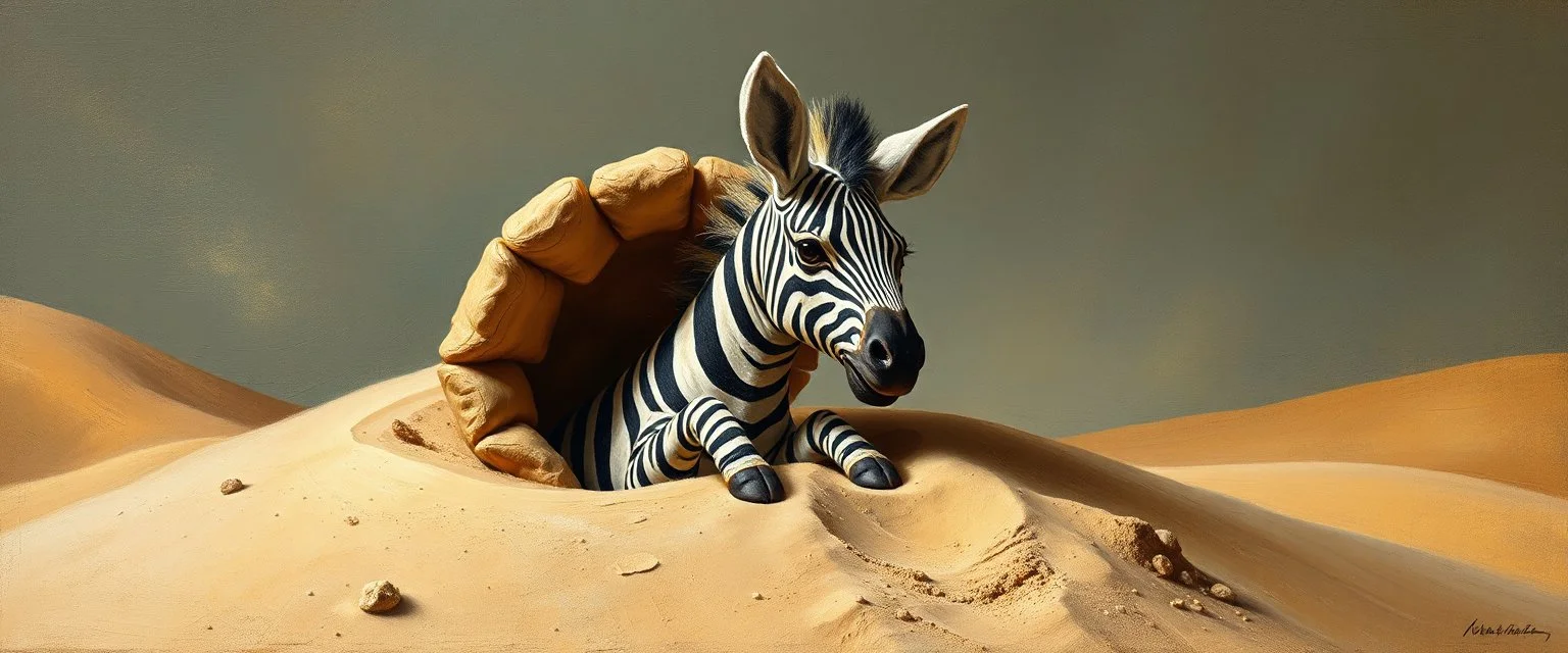 master oil painting by Rembrandt, good afternoon clay zebra trickster golem peeking out of a sand twister whirlwind cocoon