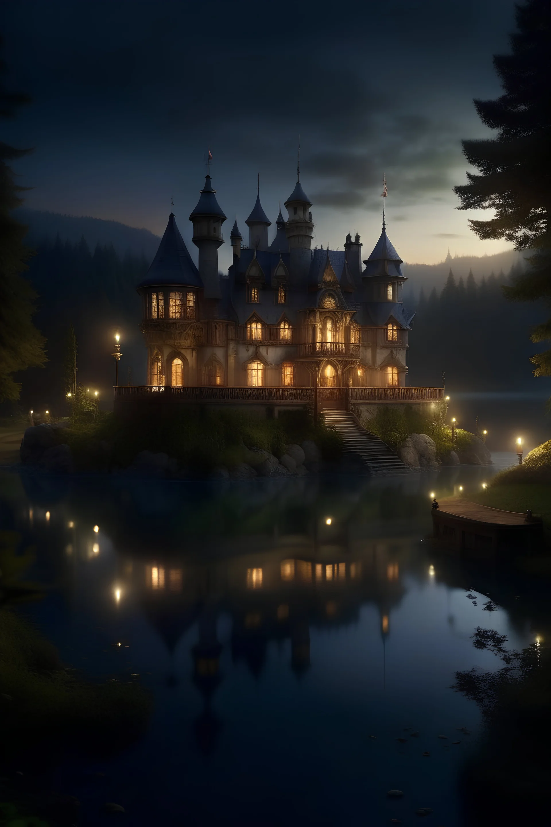 Photograph of a large realistic, cozy, inviting castle mansion. Large windows to the ground, a gallery. Hidden away in a forest. Nighttime, nearly dark. At the edge of a lake, with a veranda hanging low just over the lake, with fairy lights on it. A dragon is flying in the sky in the background.