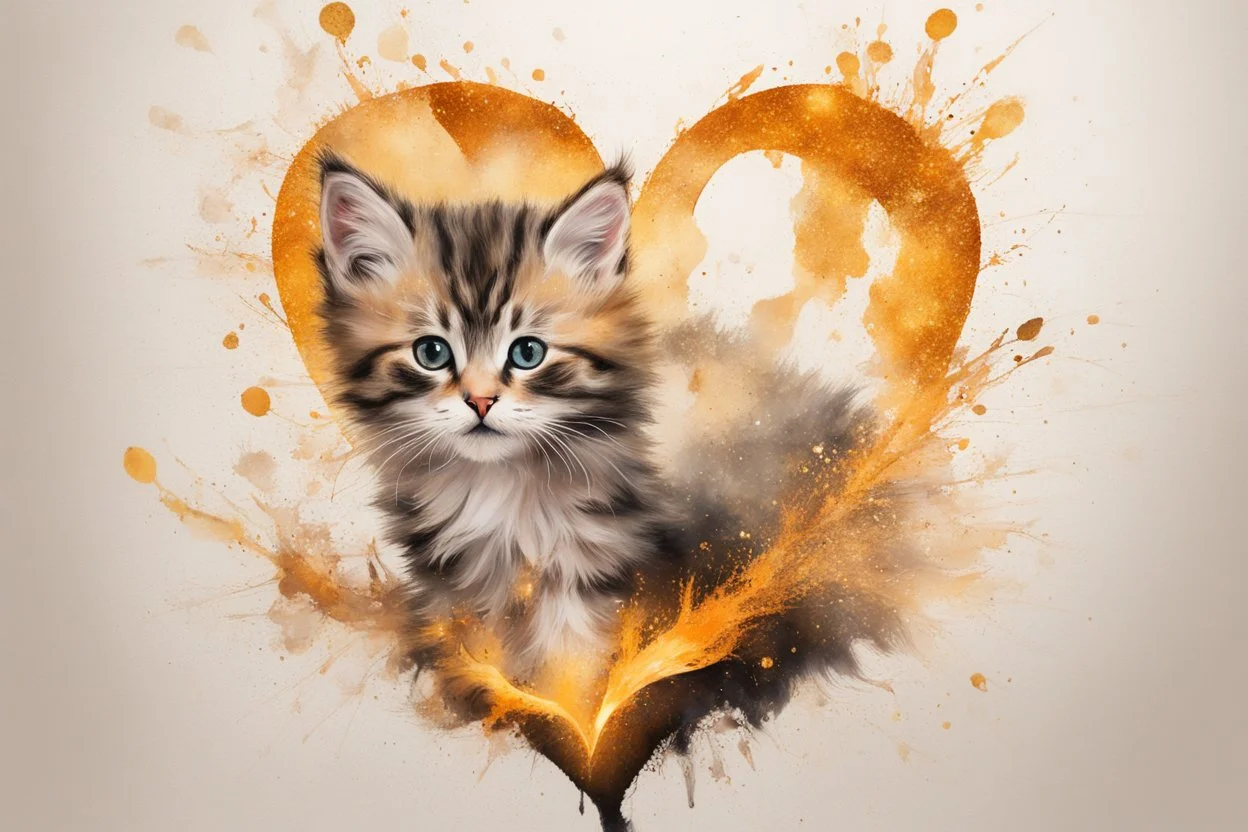 double exposure, merged layers, kitten with dynamically blazing fire in ochre, ink splatter art, watercolor and ink, golden glitters, double exposure heart and love