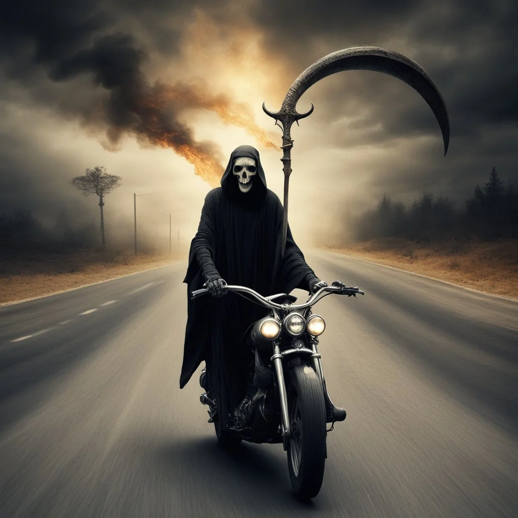 occult transience, Grim Reaper with scythe on a motorcycle on surreal burning highway, failing the reality test, horror poster, sinister, profound, fantastical, by Ben Goossens