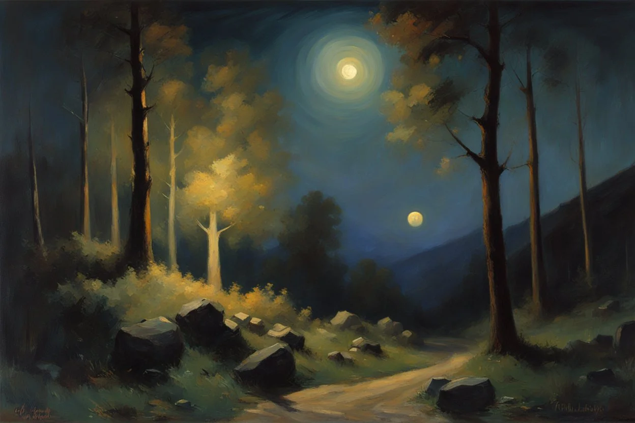 Night, trees, mountains, rocks, wilfrid de glehn and charles leickert impressionism paintings