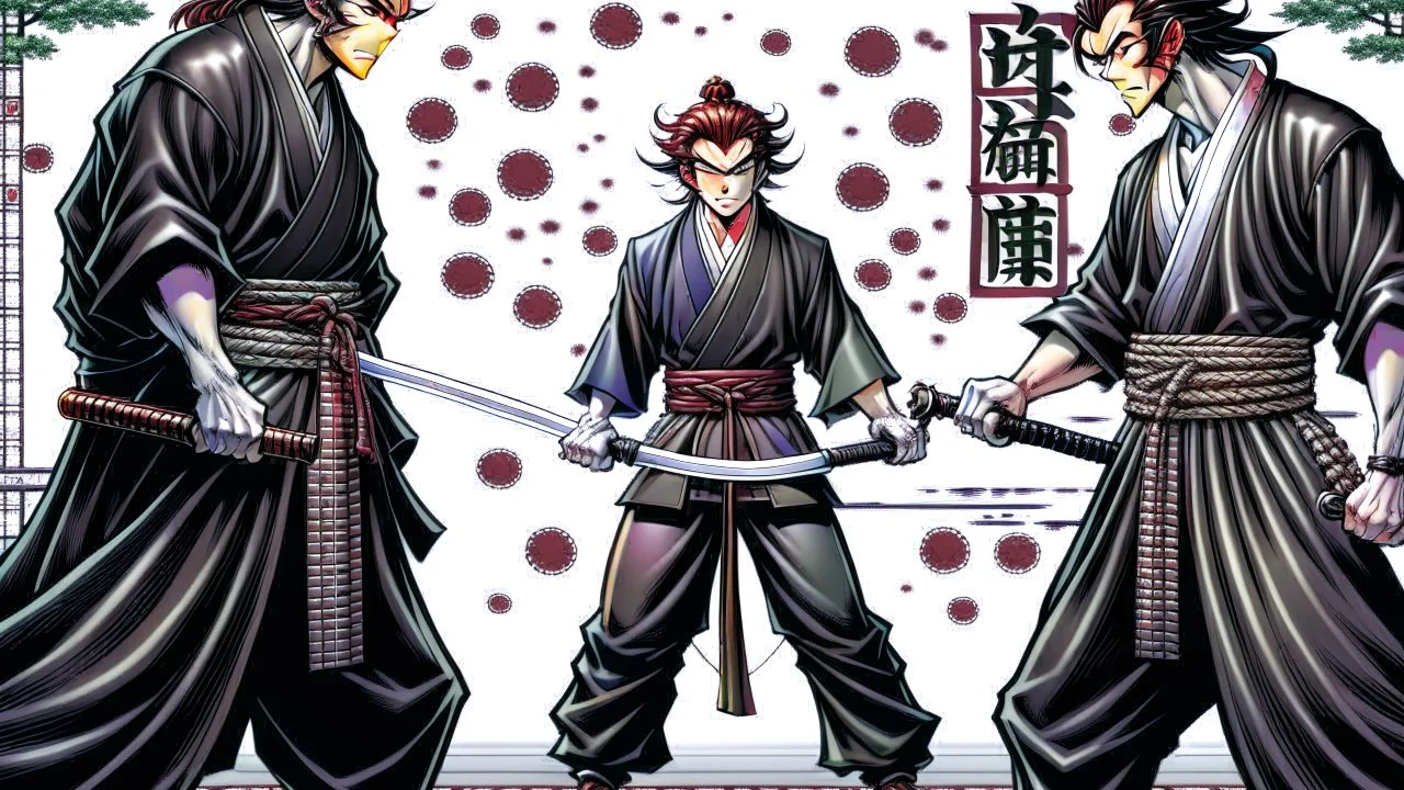 yujiro hanma vs yoriichi tsugukuni, baki vs kimetsu no yaiba, two mans standing in front of each other, a big strong man in black shirt with red hair and evil grin in martial art's stance facing a smaller feminine swordsman with long hair and calm face reaching for his sword in traditional japanese clothes both preparing to fight each other