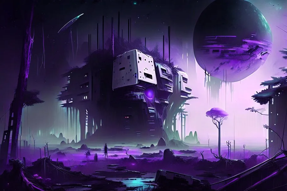 Futuristic Settlement, White Building, Alien Planet, Corrupted Forest, Dense Purple Fog, Dead Soil, Black Night Sky, Stars, Space, Distant Planets