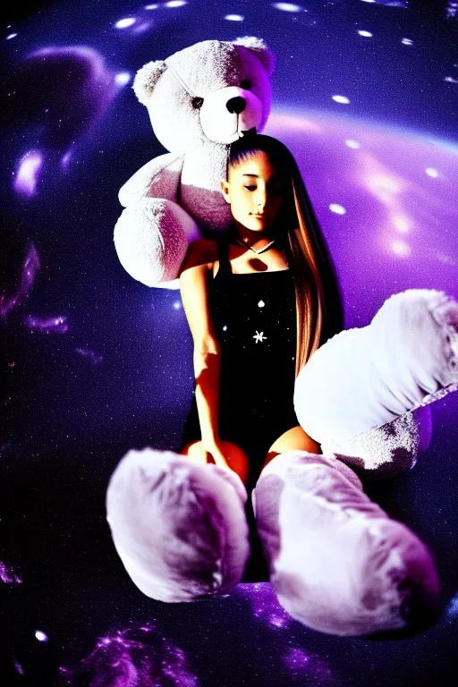 Ariana Grande floating in space with fluffy teddy bears high quality high detail high contrast