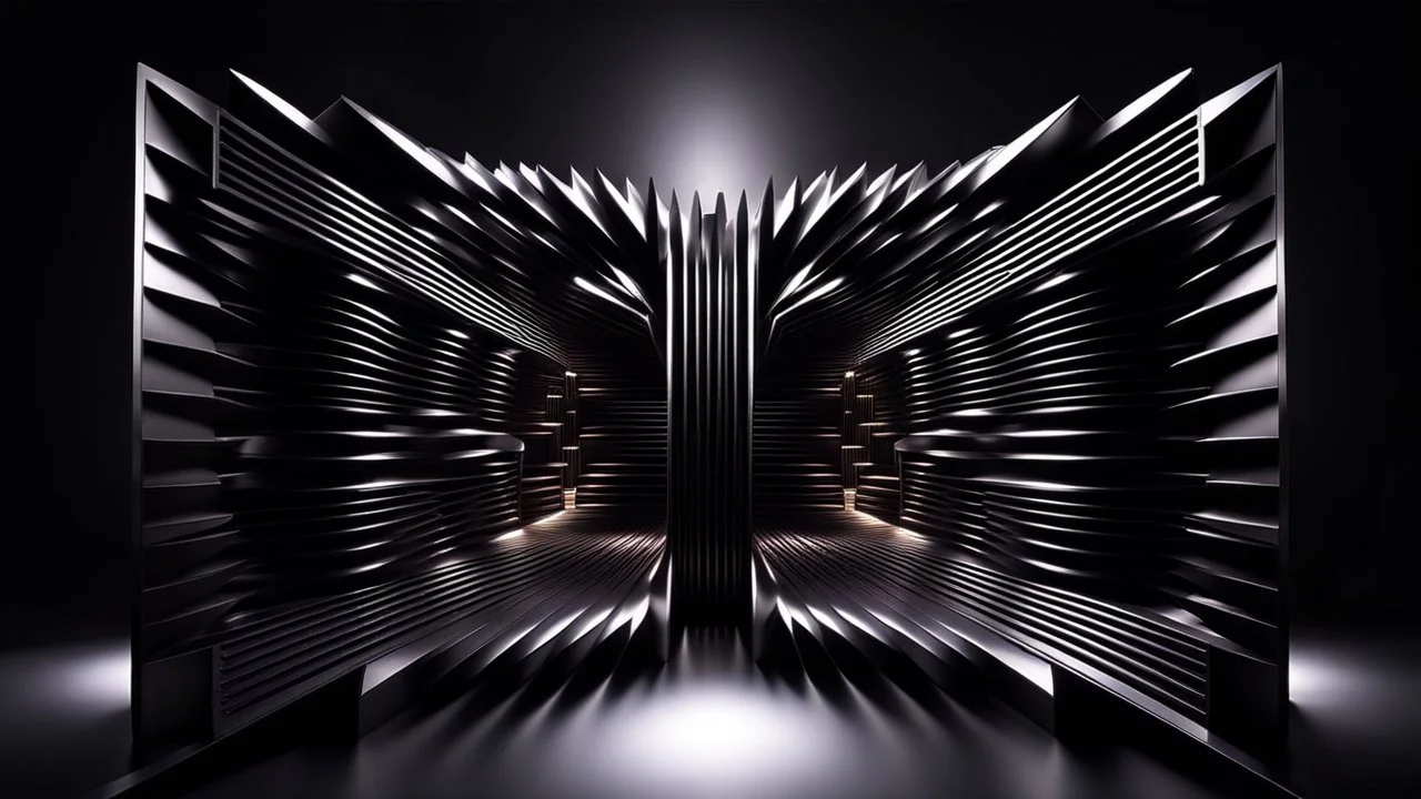 a 3d fractal stage structre made of metallic dark color 3d structures, pertty artistc background,dynamic lights