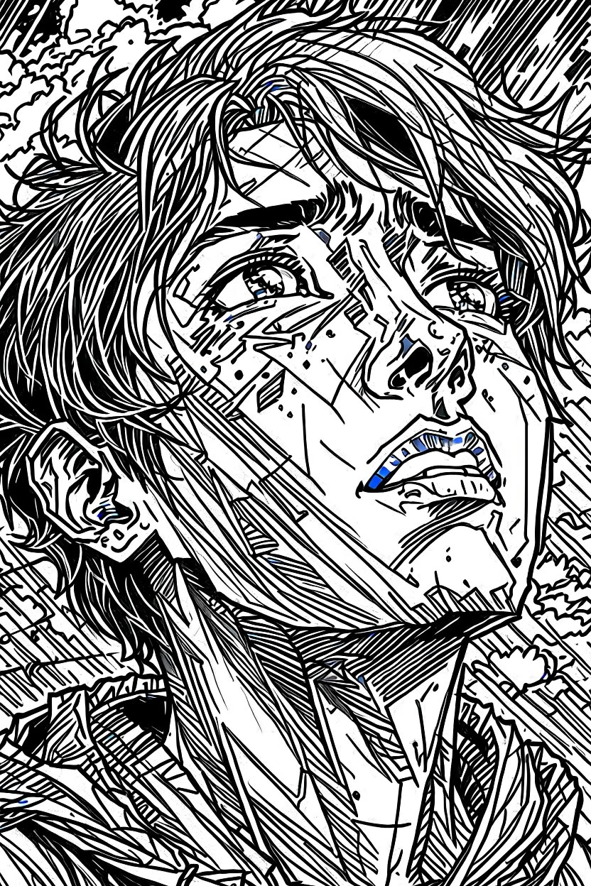 Portrait drawing of A man with deep lines on his face, staring towards the heaven, manga style, chaos