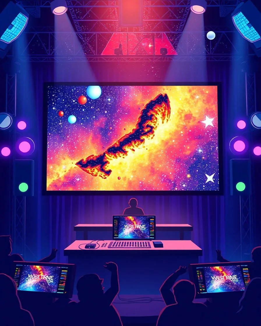 poster for a party with anime music videos galaxy theme dj on stage with big screen