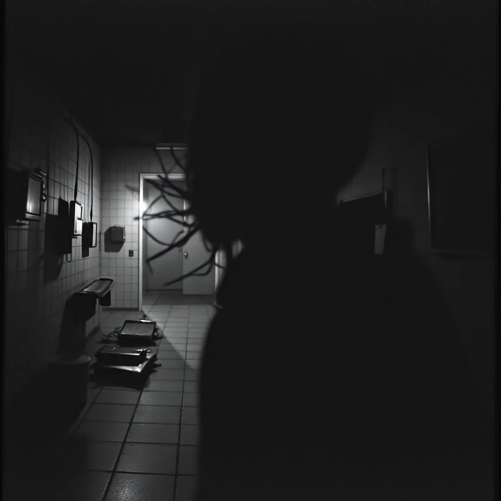 dissonant gnashing absurdism, black and white ENIGMA IDENTITY THEFT, gnarly composition, double exposure surrealist photography, dark negative space, nihilistic, long exposure ghosting, metaporphasis horror, Stephen Gammell aesthetic, background a boiler room
