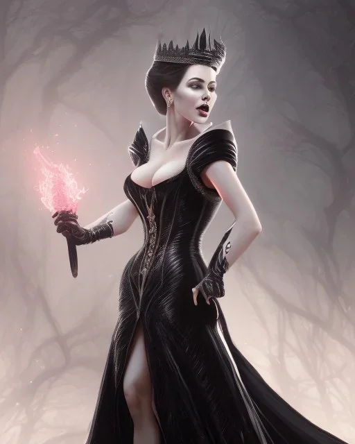 old evil queen in black leather gown, femme fatale, volouptous, busty, cleavage, angry, emperious, 8k resolution concept art portrait by Greg Rutkowski,