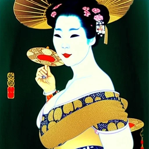 Retrato de cuerpo entero de una Geisha bella voluptuosa vestida estilo de Gustav Klimt