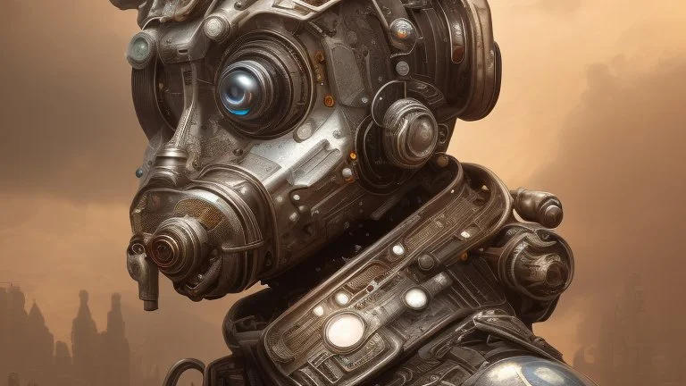 a beautiful full frame portrait digital painting of futuristic gaspunk robot, wide angle view, close-up, macro lens, centered camera, titanium accents, intricate details, small minutiae, tiny features, particulars, colorful, 8k, least ambient occlusion, volumetric lighting, volumetric clouds