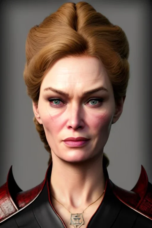 Cersei Lannister as evil queen in black leather, busty, cleavage, curvy, lena headay, angry, stern look. character design by cory loftis, fenghua zhong, ryohei hase, ismail inceoglu and ruan jia. unreal engine 5, artistic lighting, highly detailed, photorealistic, fantasy