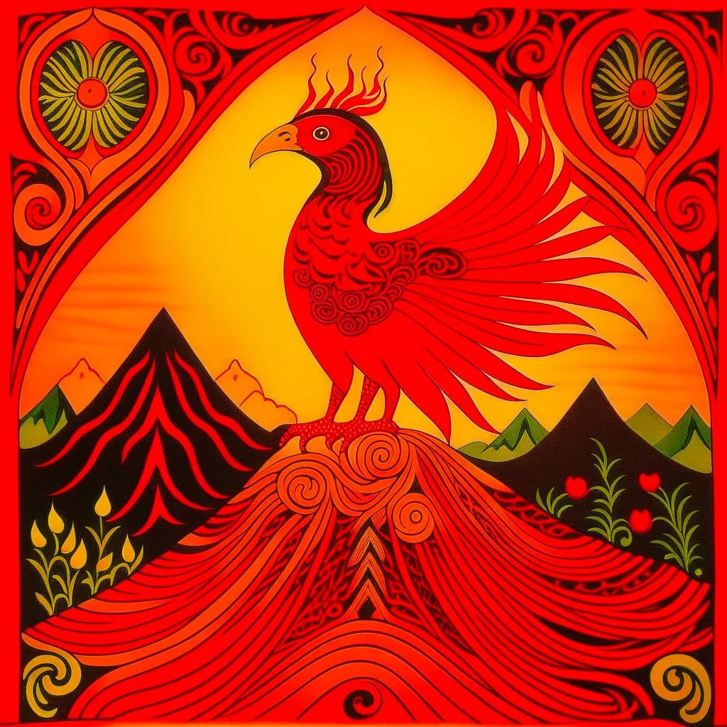 A red volcano with phoenix fire designed in Mehndi design painted by Paul Ranson