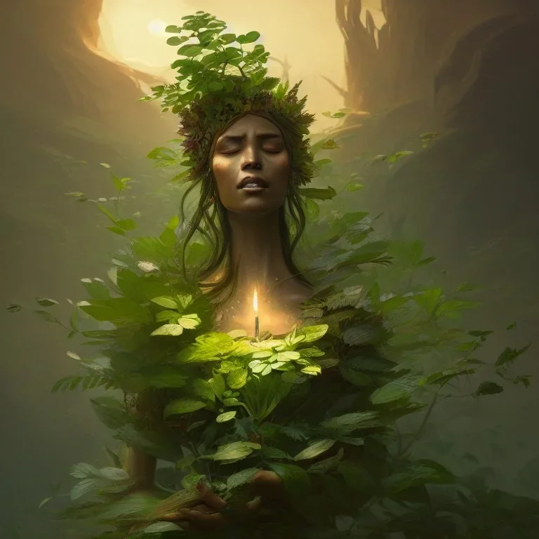 a beautiful portrait of a plant goddess with closed eyes by Greg Rutkowski and Raymond Swanland, Trending on Artstation, ultra realistic digital art