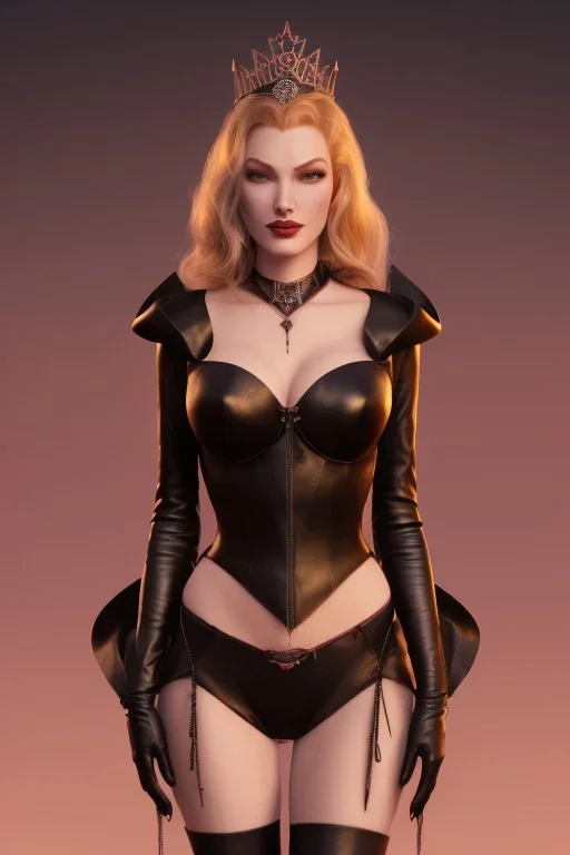 Veronica Lake as evil queen in black leather, busty, cleavage, curvy, angry, stern look. character design by cory loftis, fenghua zhong, ryohei hase, ismail inceoglu and ruan jia. unreal engine 5, artistic lighting, highly detailed, photorealistic, fantasy