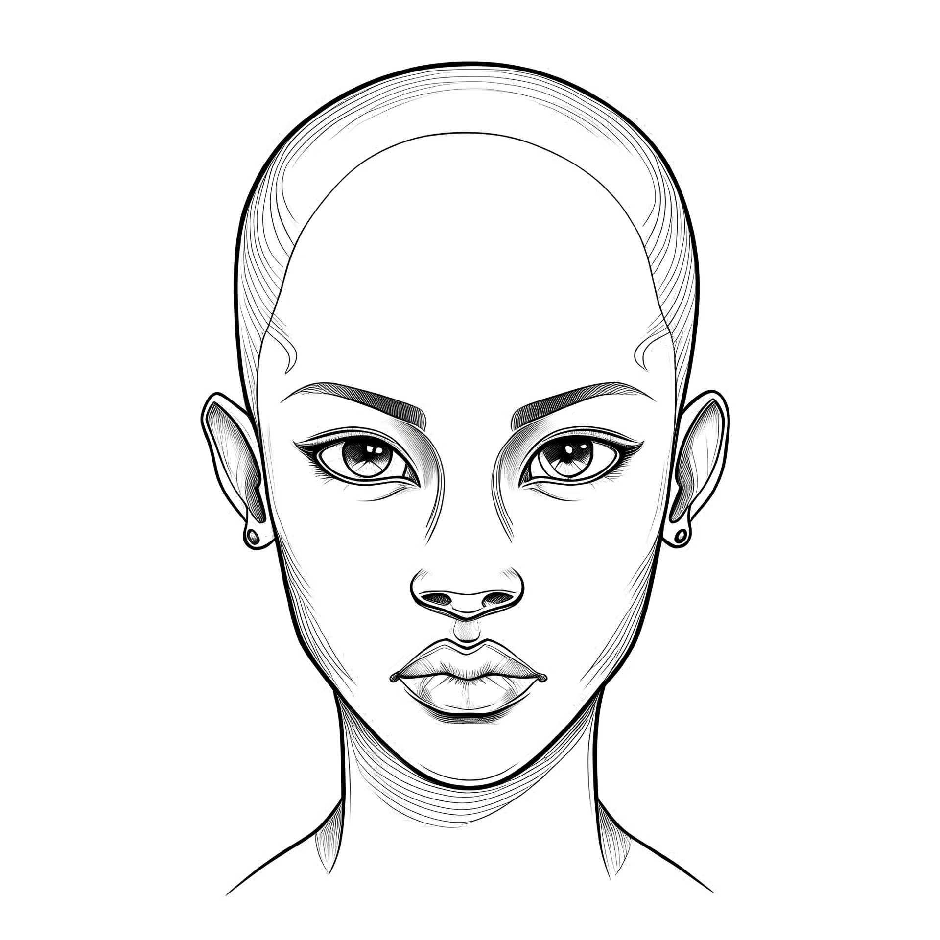 a realistic looking simple vector drawing of a bald 5-11 years old black girl's face drawn with black pencil on white paper for practicing face painting. The black girl doesnt have any hair. 5-11 years old black girl face mock up drawing.