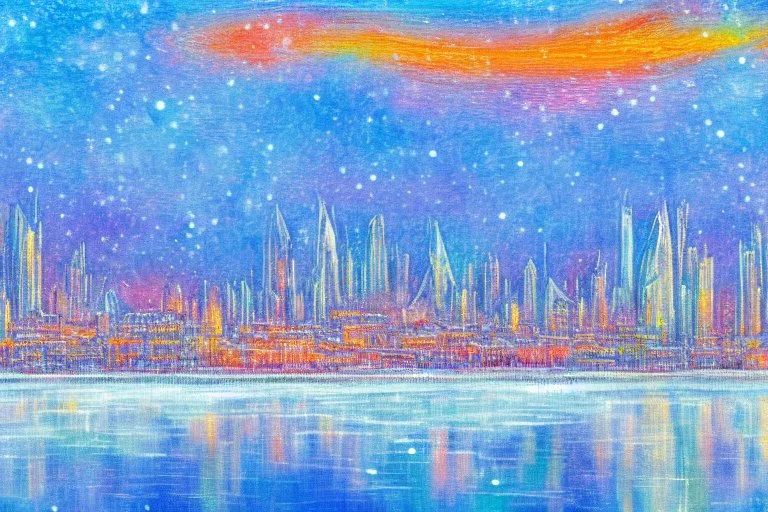 Science fiction city near frozen lake, impressionism painting