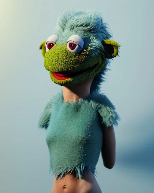 Realistic image, portrait, hybrid made up of a woman's body and a muppet's head mask ,concept art, smooth, unreal engine 5, god lights, ray tracing, RTX, lumen lighting, ultra detail, volumetric lighting, 3d, finely drawn, high definition, 4k.