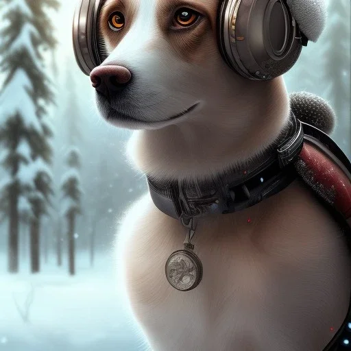 Cyberpunk Portrait of dog child with brown hair and with cute face, north pole snowy vibe , perfect composition, hyperrealistic, super detailed, 8k, high quality, trending art, trending on artstation, sharp focus, studio photo, intricate details, highly detailed, by greg rutkowski