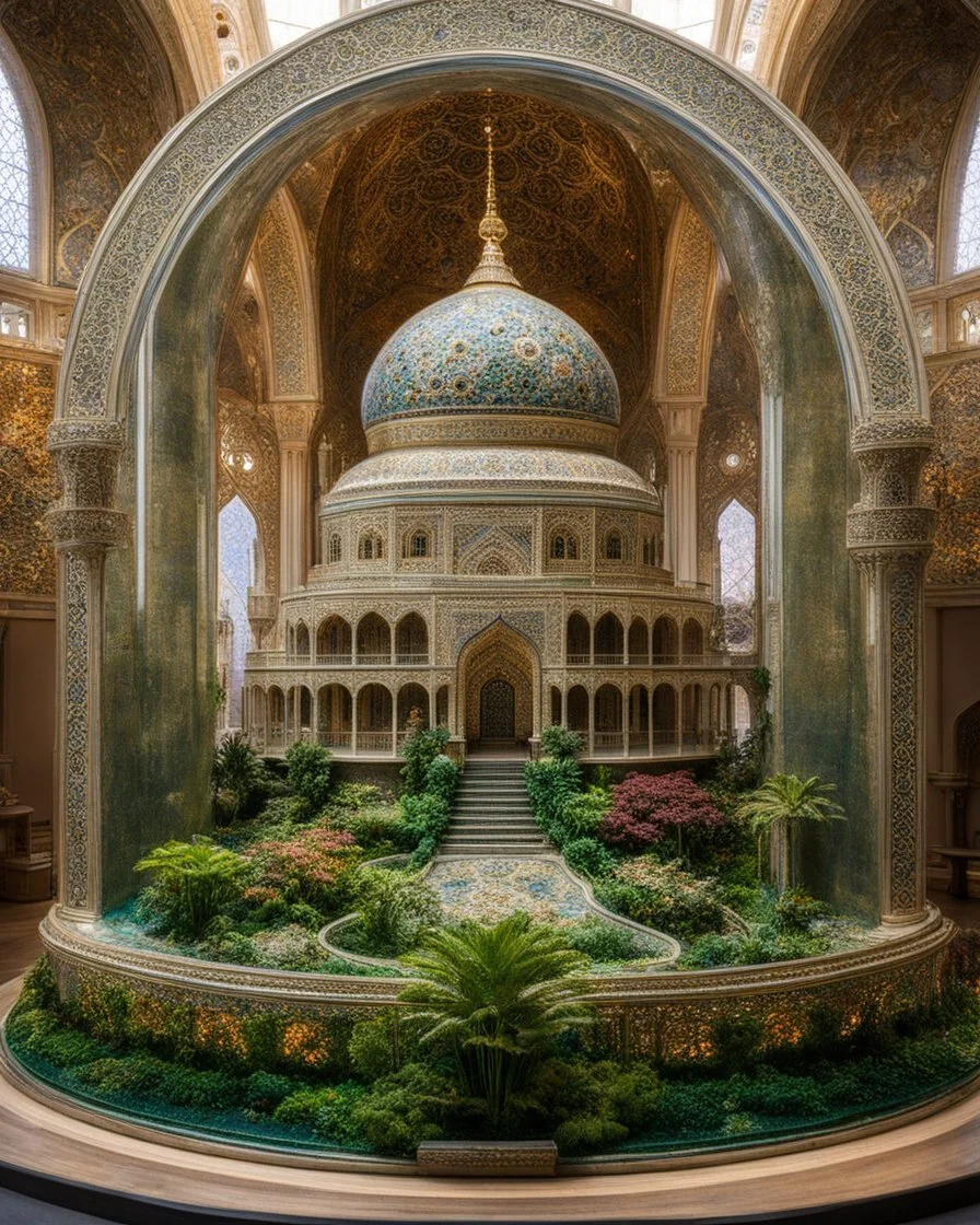 The miniatur islamic luxury mosque in ball glass is an abstract concept that refers to a world made entirely of flowers or plants, often in a fantasy or mythical setting. The flower planet in this image appears to be a baroque world, with ornate spiral patterns and intricate designs.